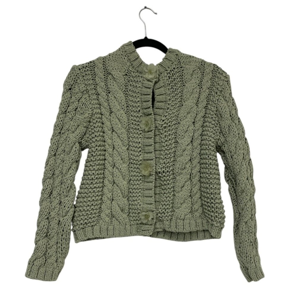 Zara Women Knit Sweater Cardigan Chunky S Small Green flower button 3920/237 NWT - Picture 2 of 16